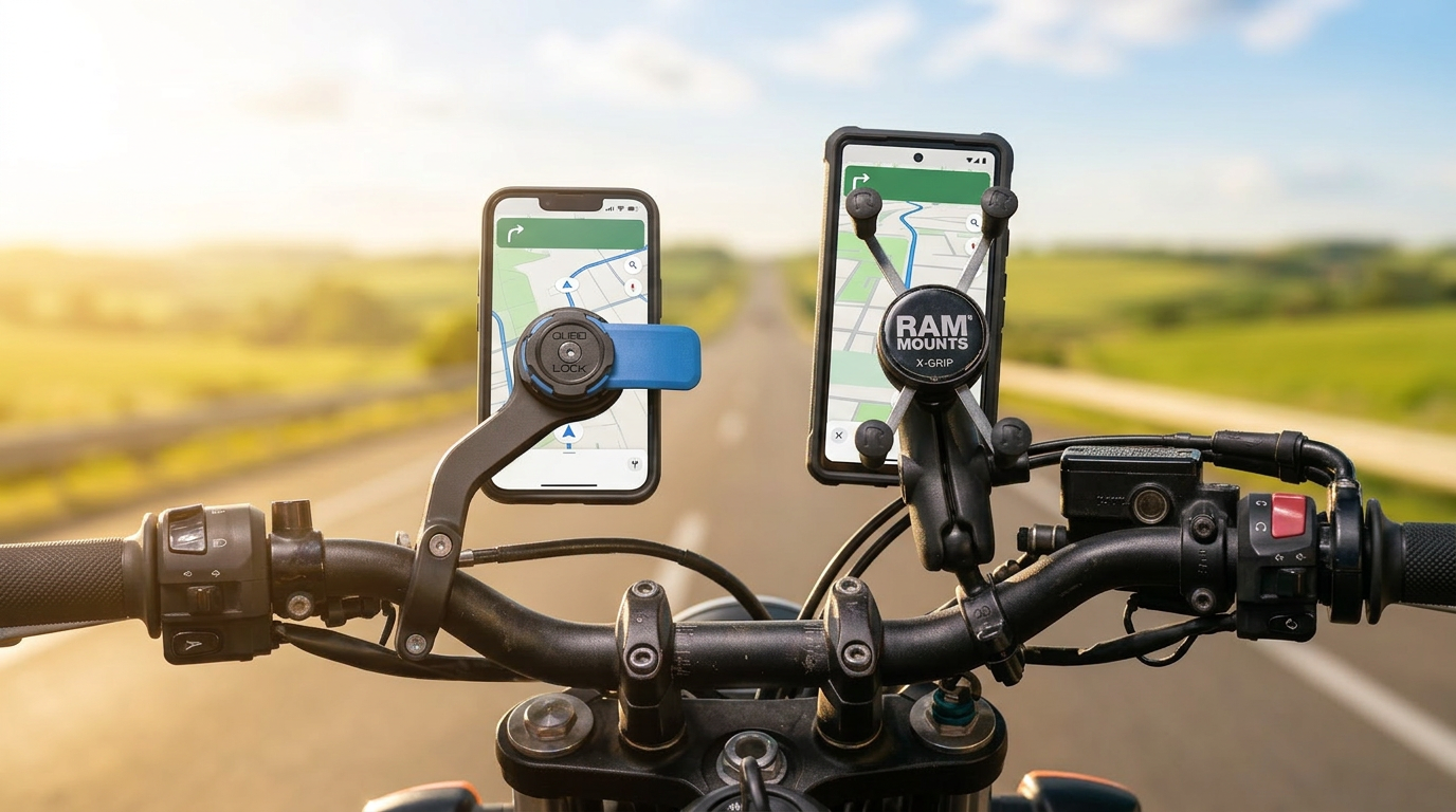 Motorcycle rider with phone mount on handlebars open road