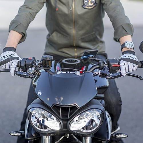 Quad Lock motorcycle phone mount on handlebar rider CLWR gloves front view