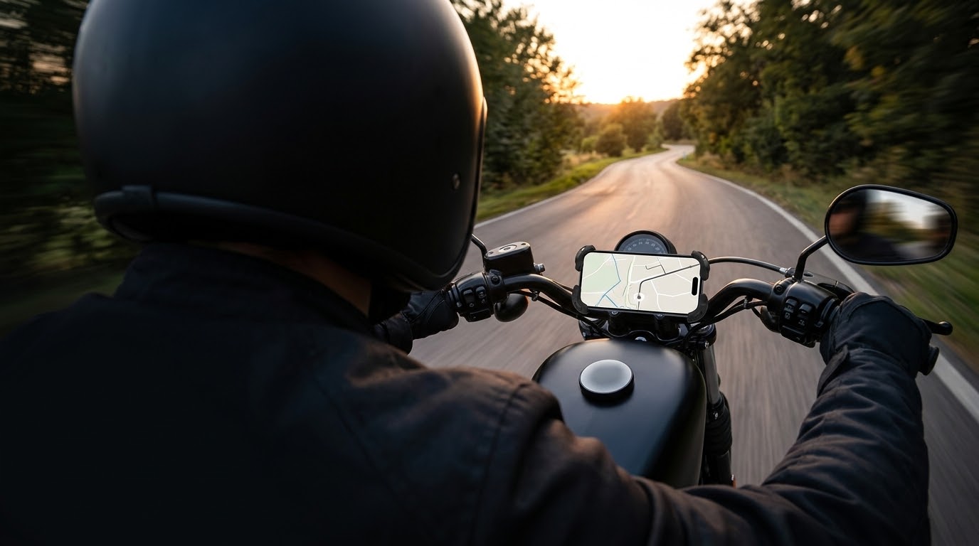 Motorcyclist using a phone mount on the handlebar