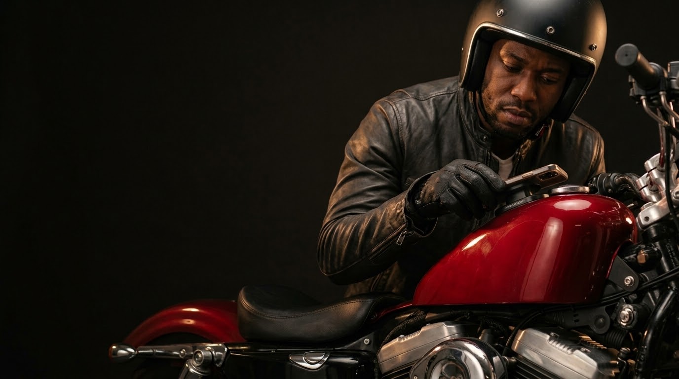 Motorcyclist using a phone mount on the handlebar