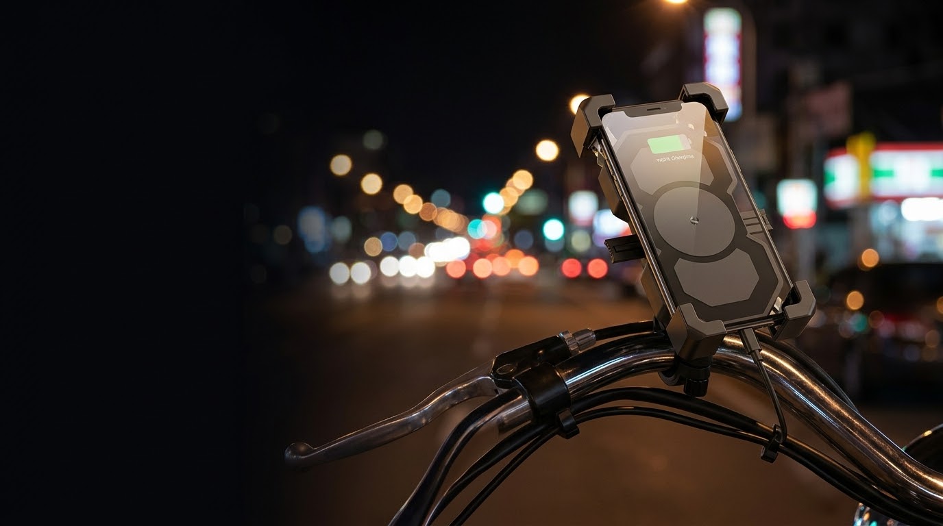 Motorcyclist using a phone mount on the handlebar