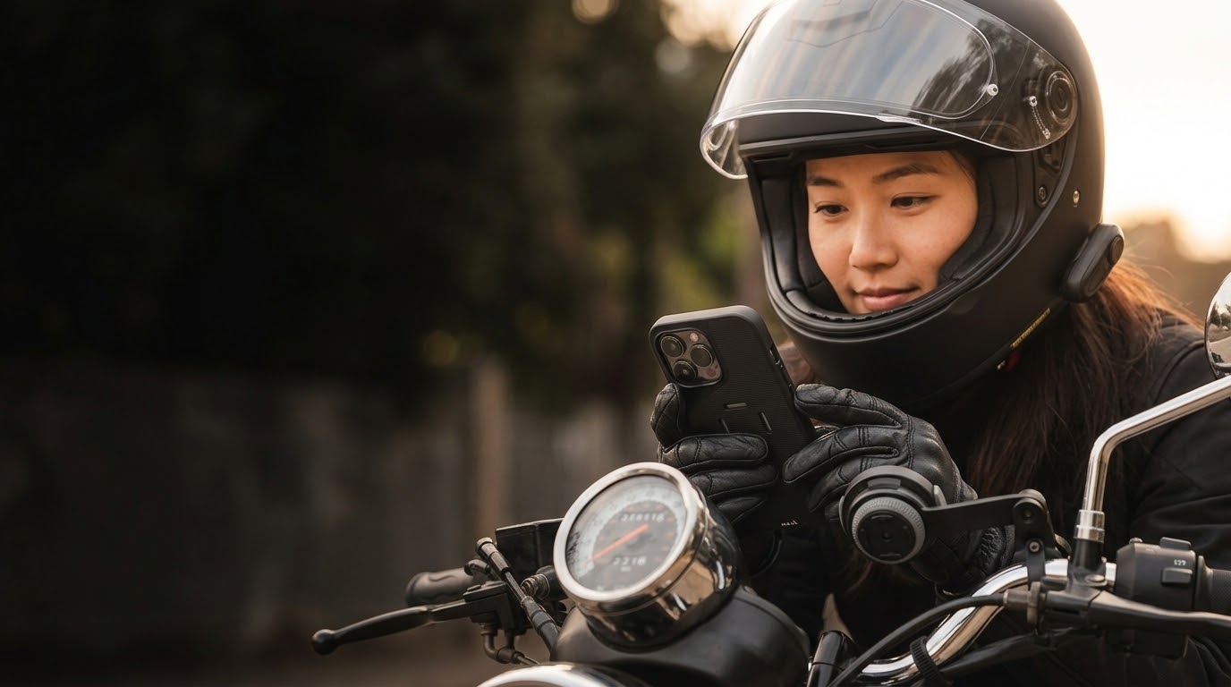 Mous Motorcycle Phone Mounts 1 Motorcyclist using a phone mount on the handlebar