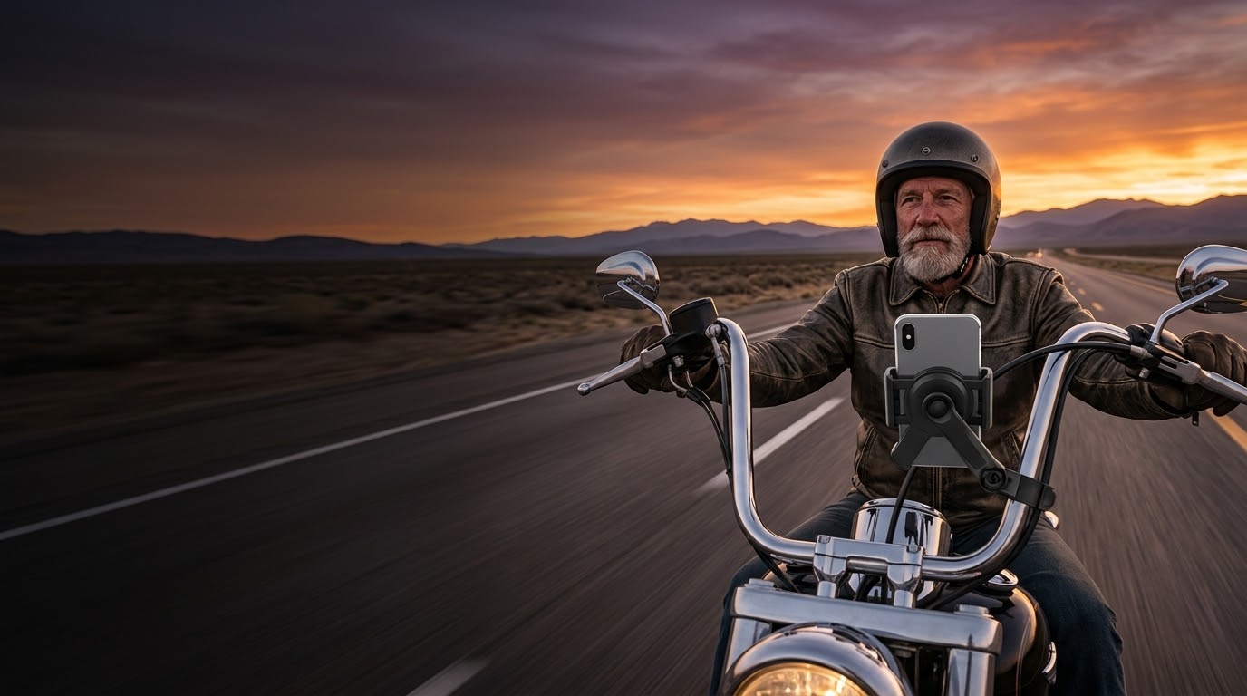 Nite Ize Motorcycle Phone Mounts 1 Motorcyclist using a phone mount on the handlebar