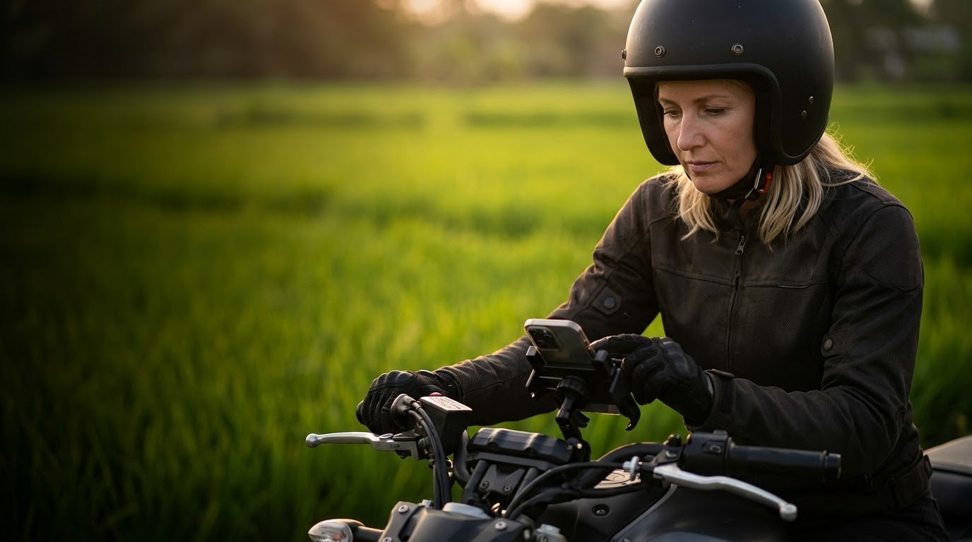Motorcyclist using a phone mount on the handlebar