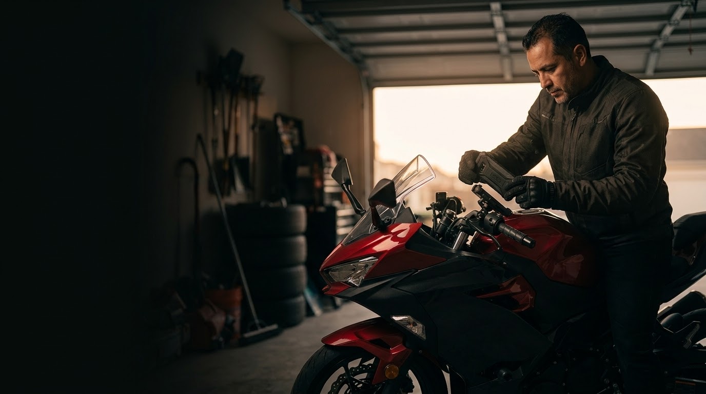 Motorcyclist using a phone mount on the handlebar
