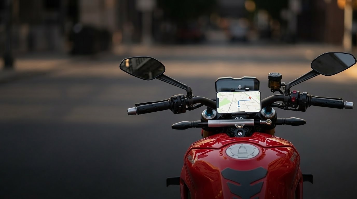 V4EVO Motorcycle Phone Mounts 1 Motorcyclist using a phone mount on the handlebar